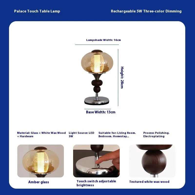 Solid wood retro style table lamp with touch controls for three-colour dimming lighting