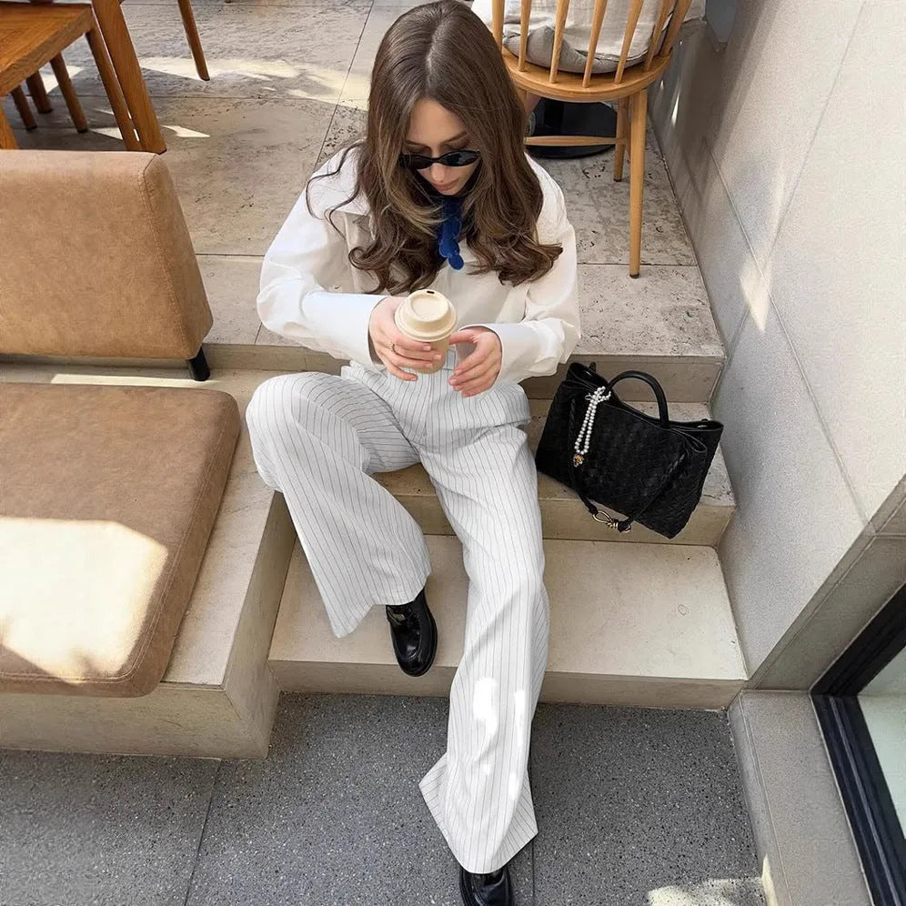 White striped wide-leg commuting pants with loose casual fit and zipper closure