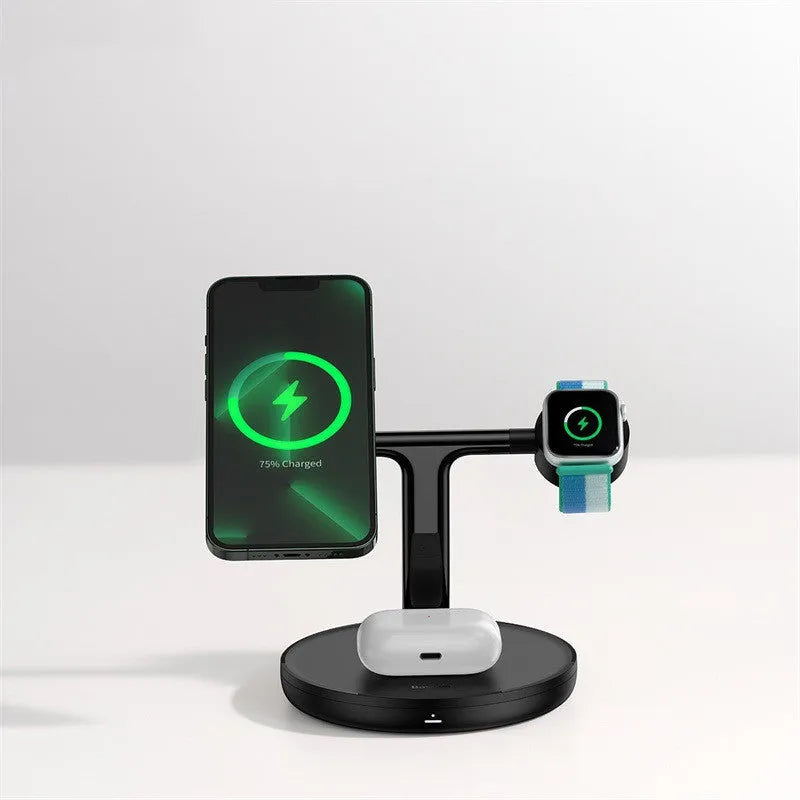 Baseus Swan three-in-one wireless magnetic charging stand in black on a desk