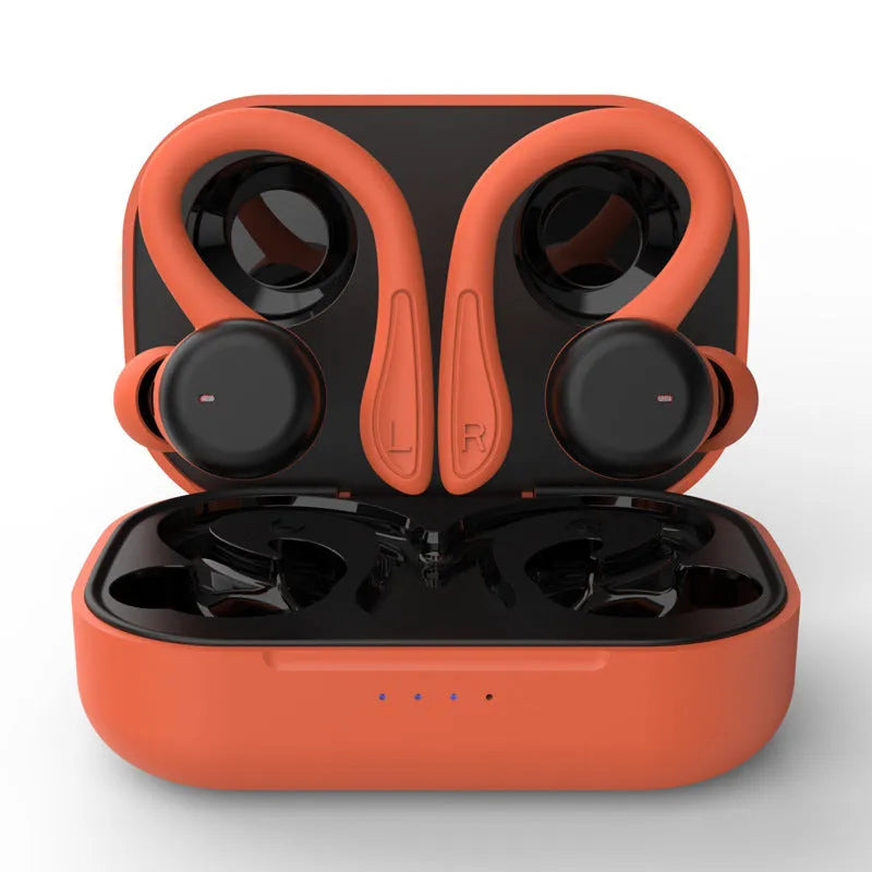 Bluetooth sports headphones with ear hooks in five colour options showing removable earbuds and charging case