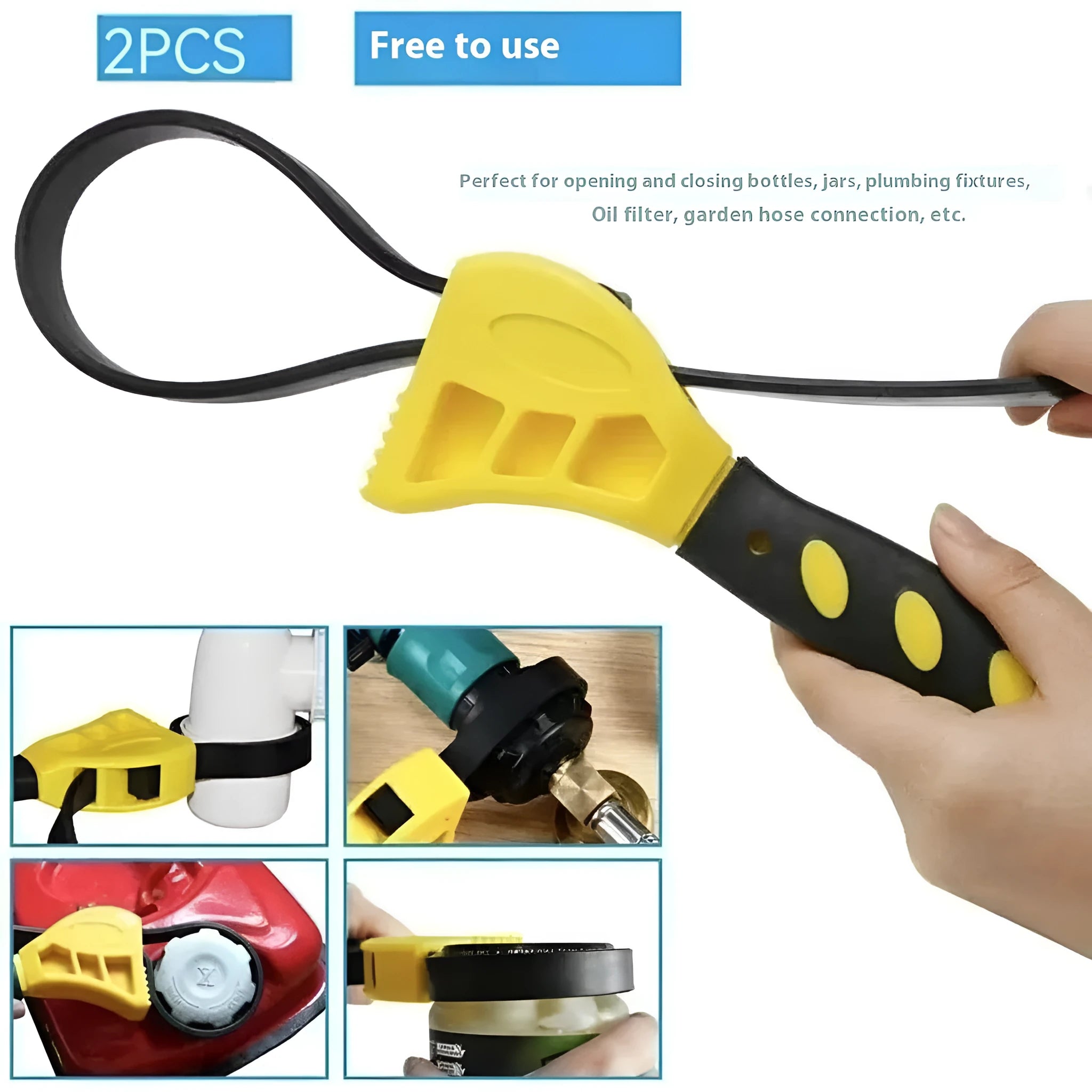 Adjustable rubber strap wrench with plastic handle showing 6-inch and 8-inch size options