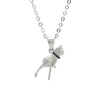 925 sterling silver cat pendant necklace on a chain, elegant style, shown in two colour finishes.