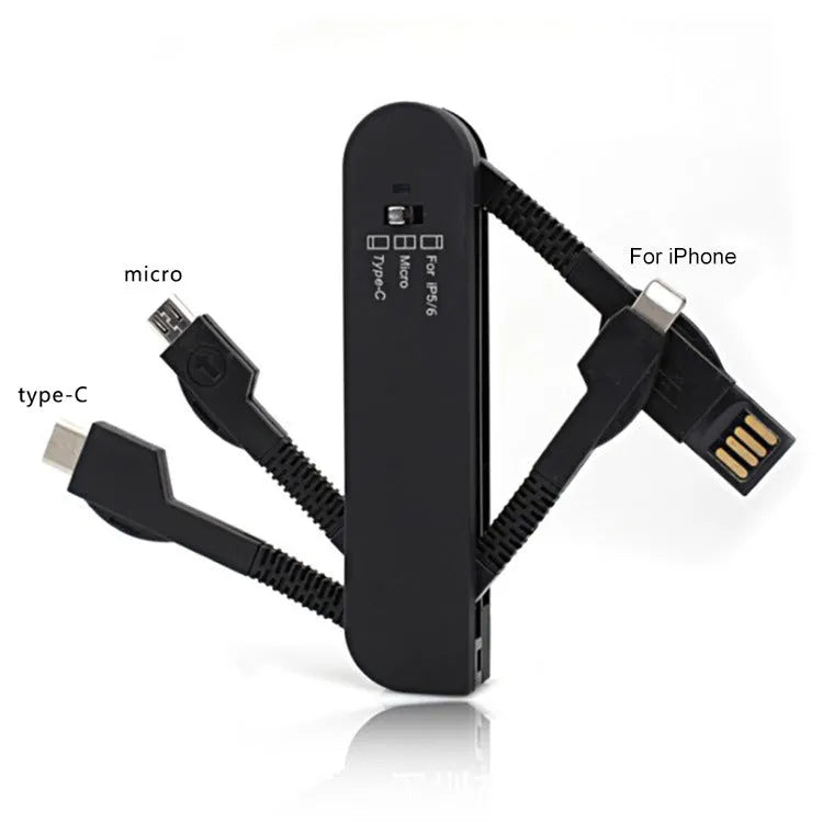 Folding 3-in-1 data cable in black and white with three outputs and indicator light