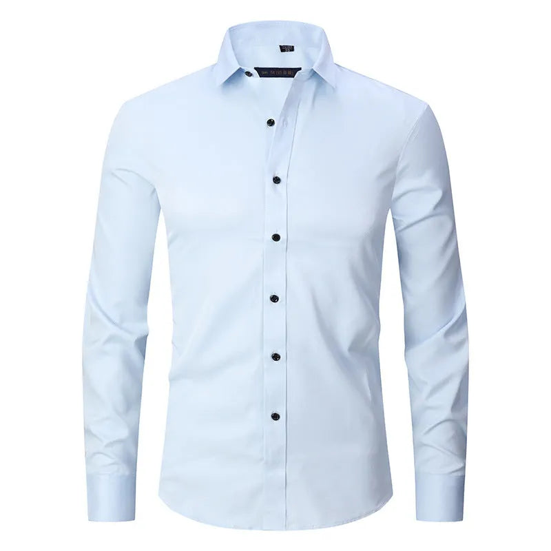 Men's stretch long sleeve polyester work shirt on a hanger, showing button front and long sleeves.
