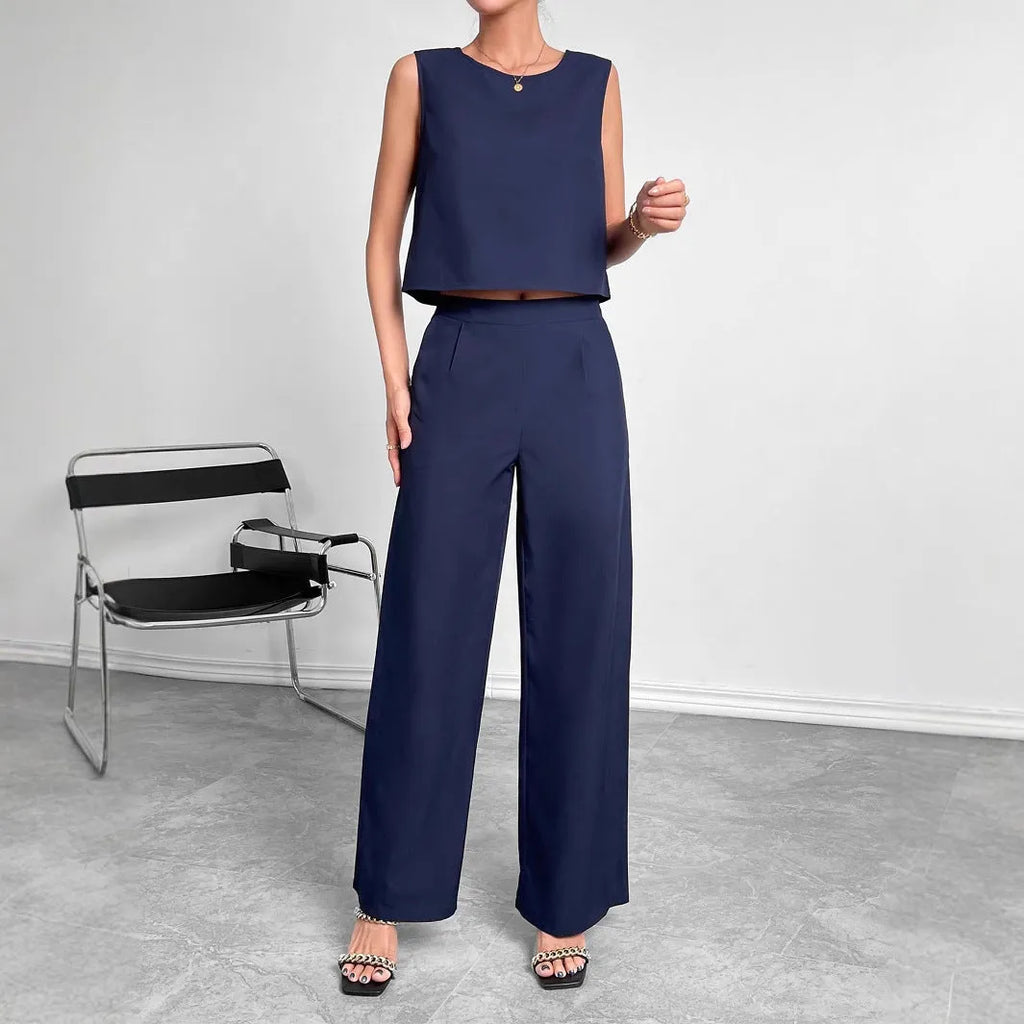 Red sleeveless top and wide leg pants two-piece outfit set for women.