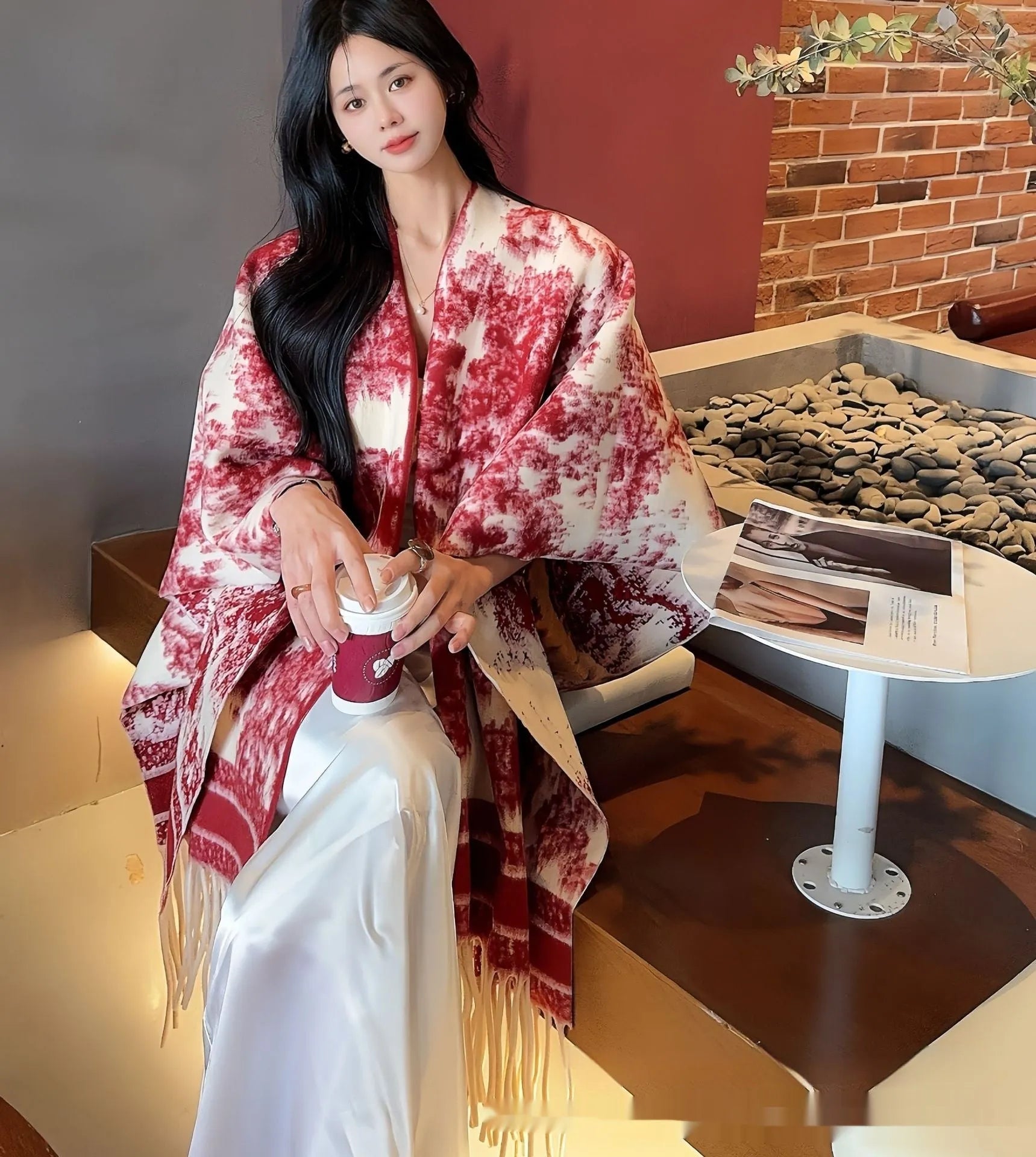 Women's casual tassel scarf cape shawl in polyester fabric with free-size fit