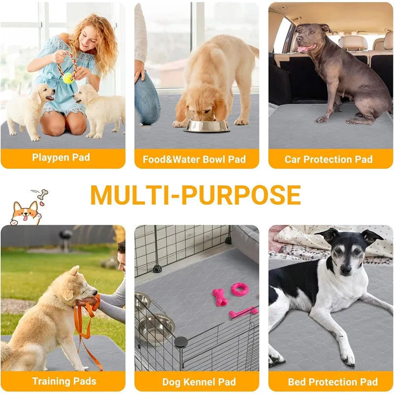 Grey and khaki washable waterproof dog pee pad on a wooden floor next to a pet crate.