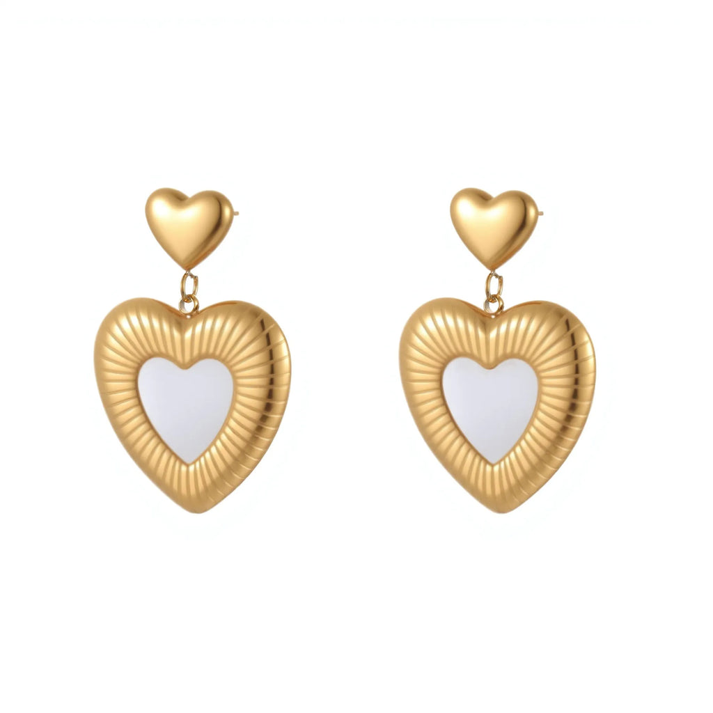 Gold electroplated heart-shaped earrings on stainless steel backing for women's fashion wear