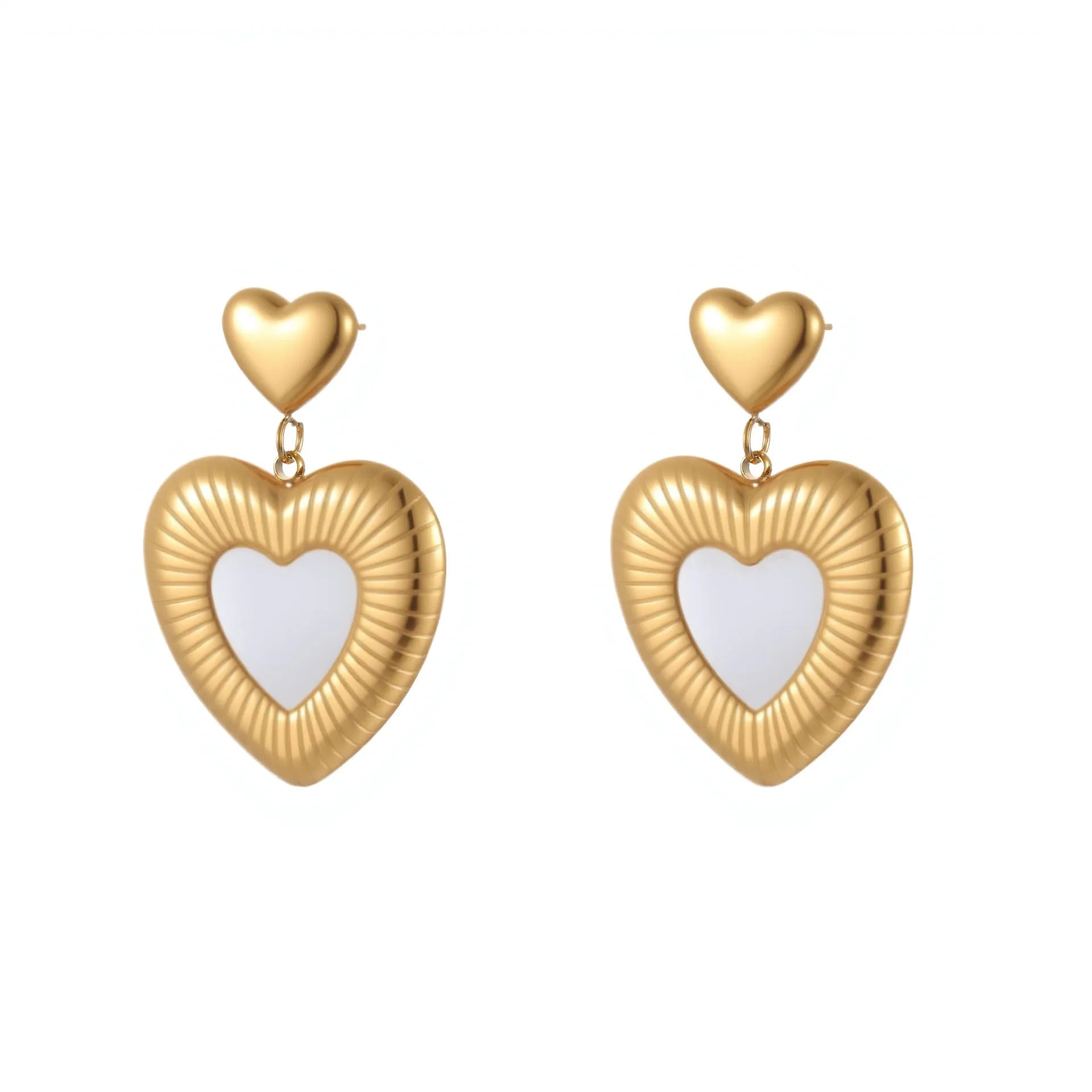Gold electroplated heart-shaped earrings on stainless steel backing for women's fashion wear