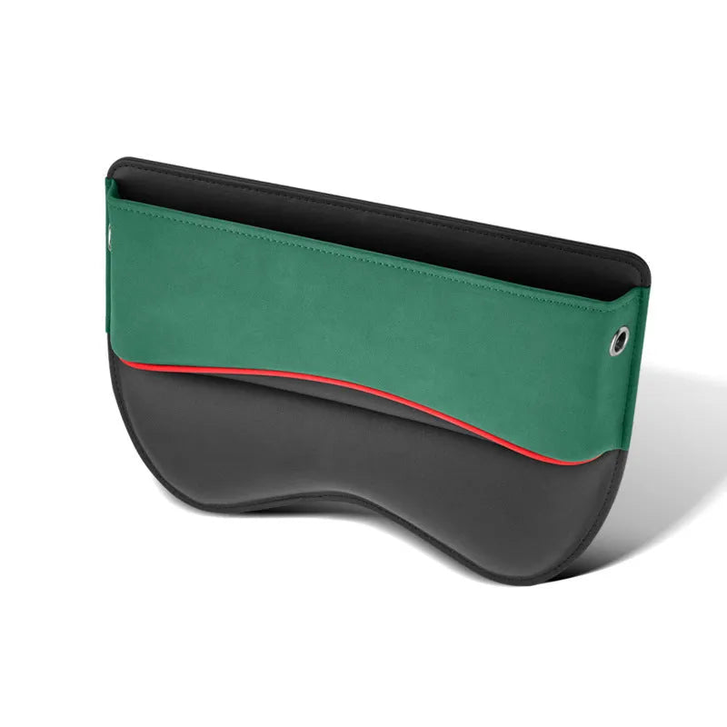 Leather car seat storage box in beige colour on a car passenger seat.