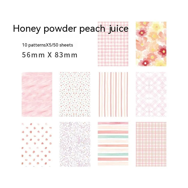Pack of 50 retro dessert-themed collage note papers in ten colours including caramel puff and blueberry wood sauce.