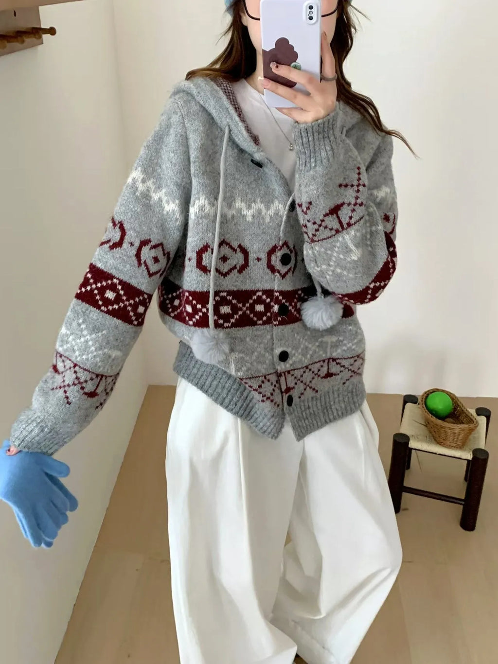 Plus size women's brocade sweater coat with geometric pattern in beige colour