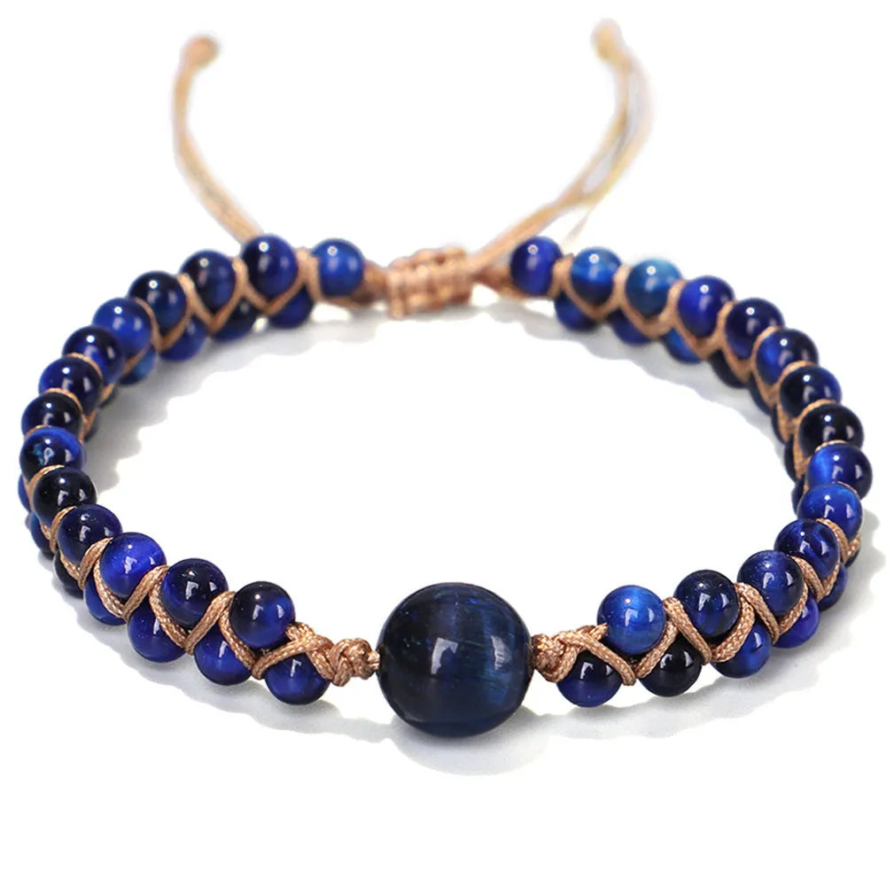 Handwoven geometric bracelet with genuine tigereye or amethyst stones and adjustable closure