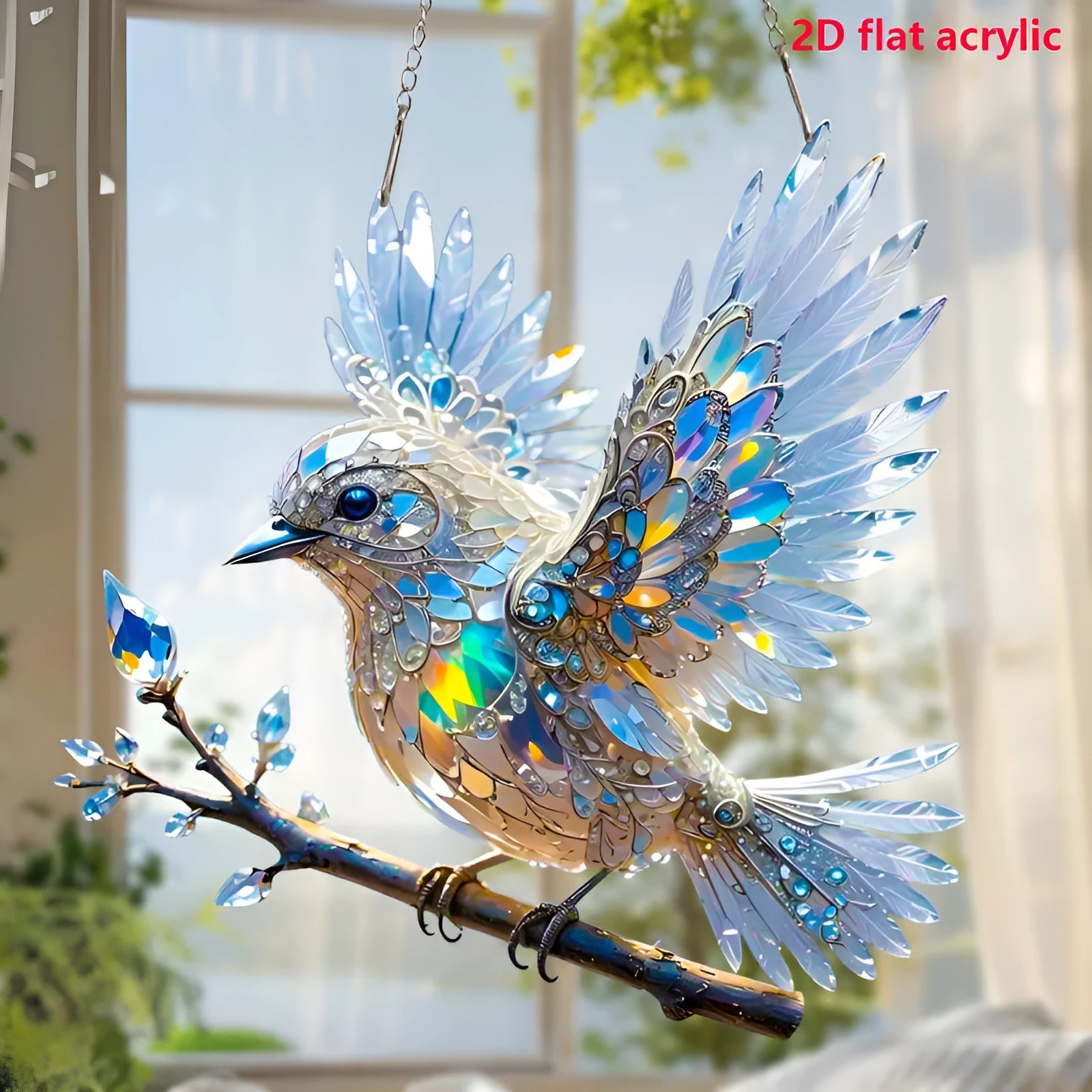 Square acrylic bird pendant ornament with colourful cartoon design, shown in 15cm and 20cm sizes.