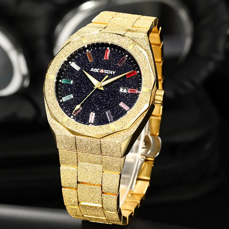 Full diamond-set luxury oak men's watch in gold finish with quartz movement and 11mm case thickness