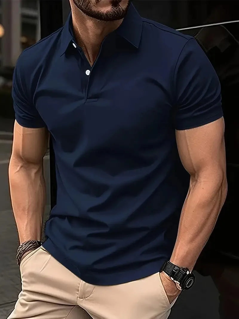 Men's slim-fit solid colour short sleeve button-up shirt in a cotton-mix fabric