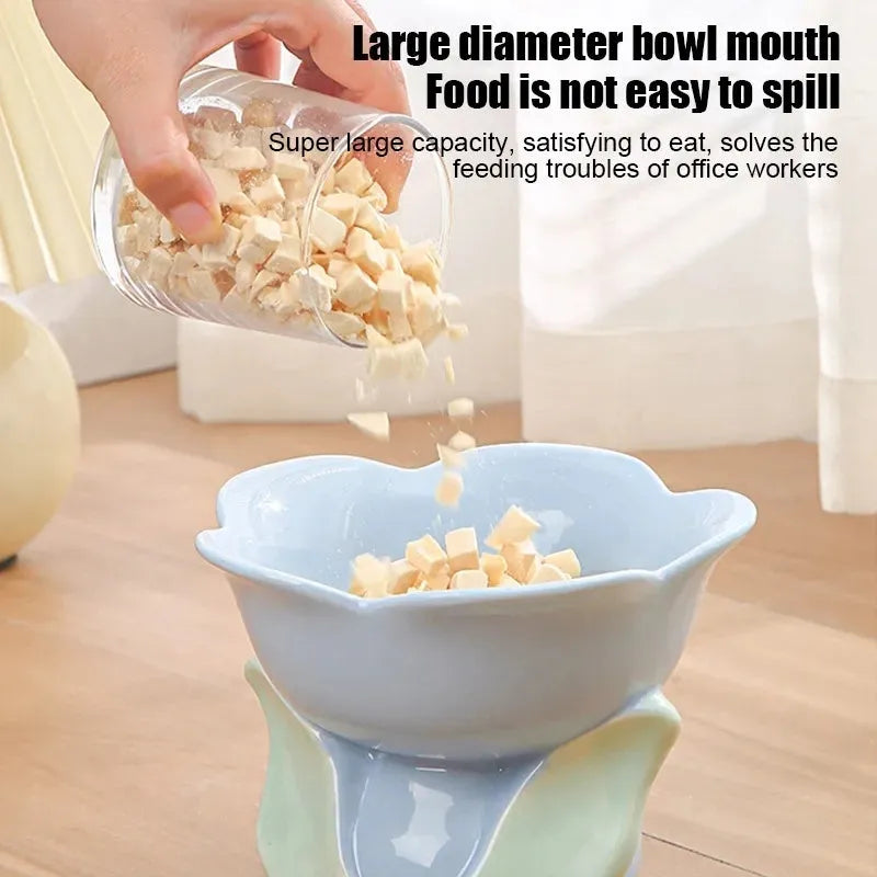 Blue floral patterned elevated ceramic bowl for cat or small dog feeding