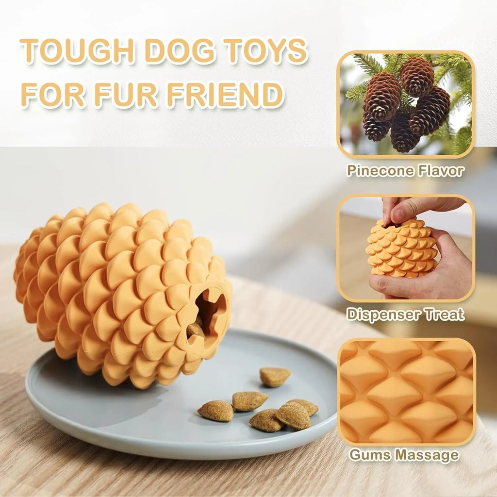 Yellow pine cone shaped natural rubber dog toy with treat dispenser for large breed dogs