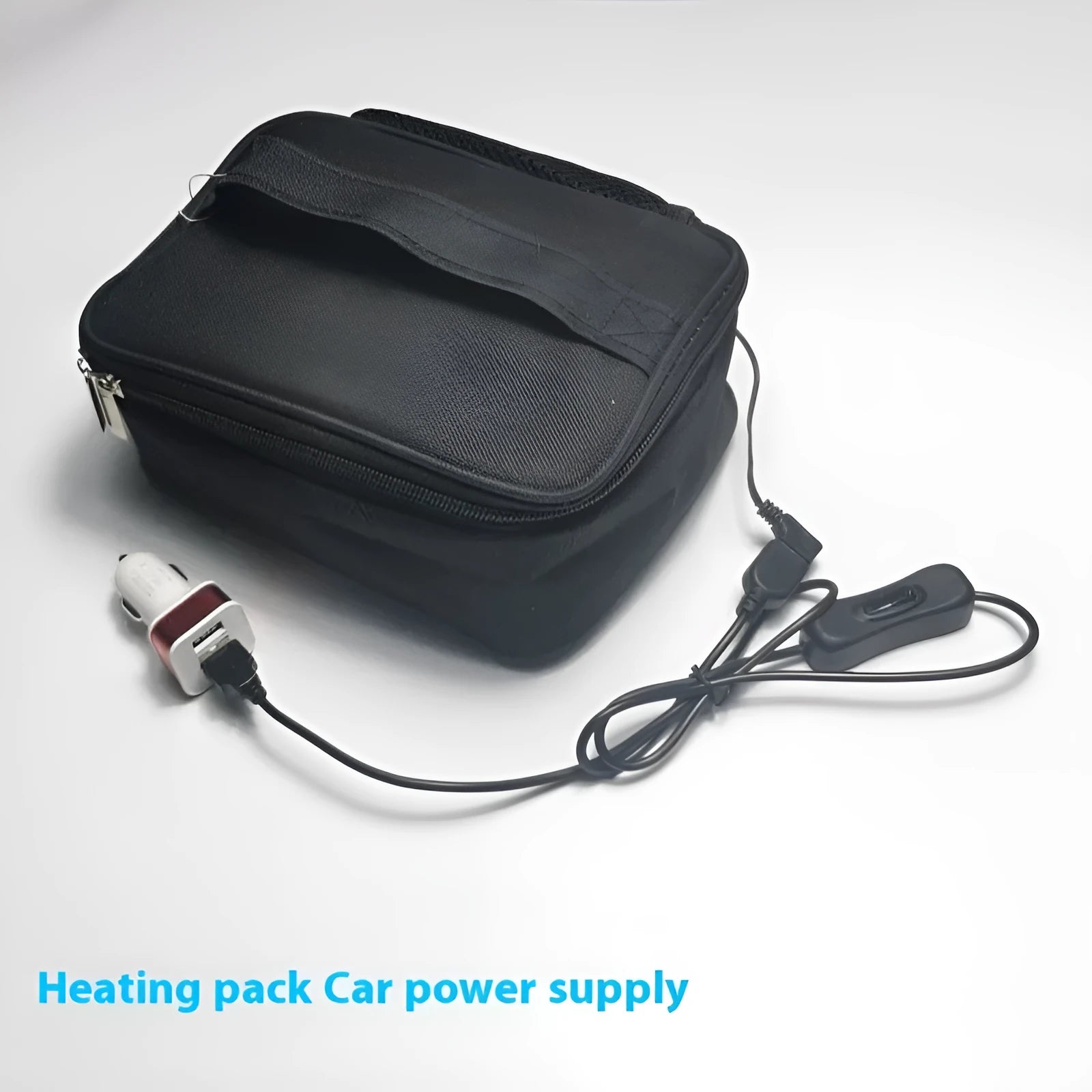 USB heating lunch bag in black Oxford cloth with power cord and thermal interior