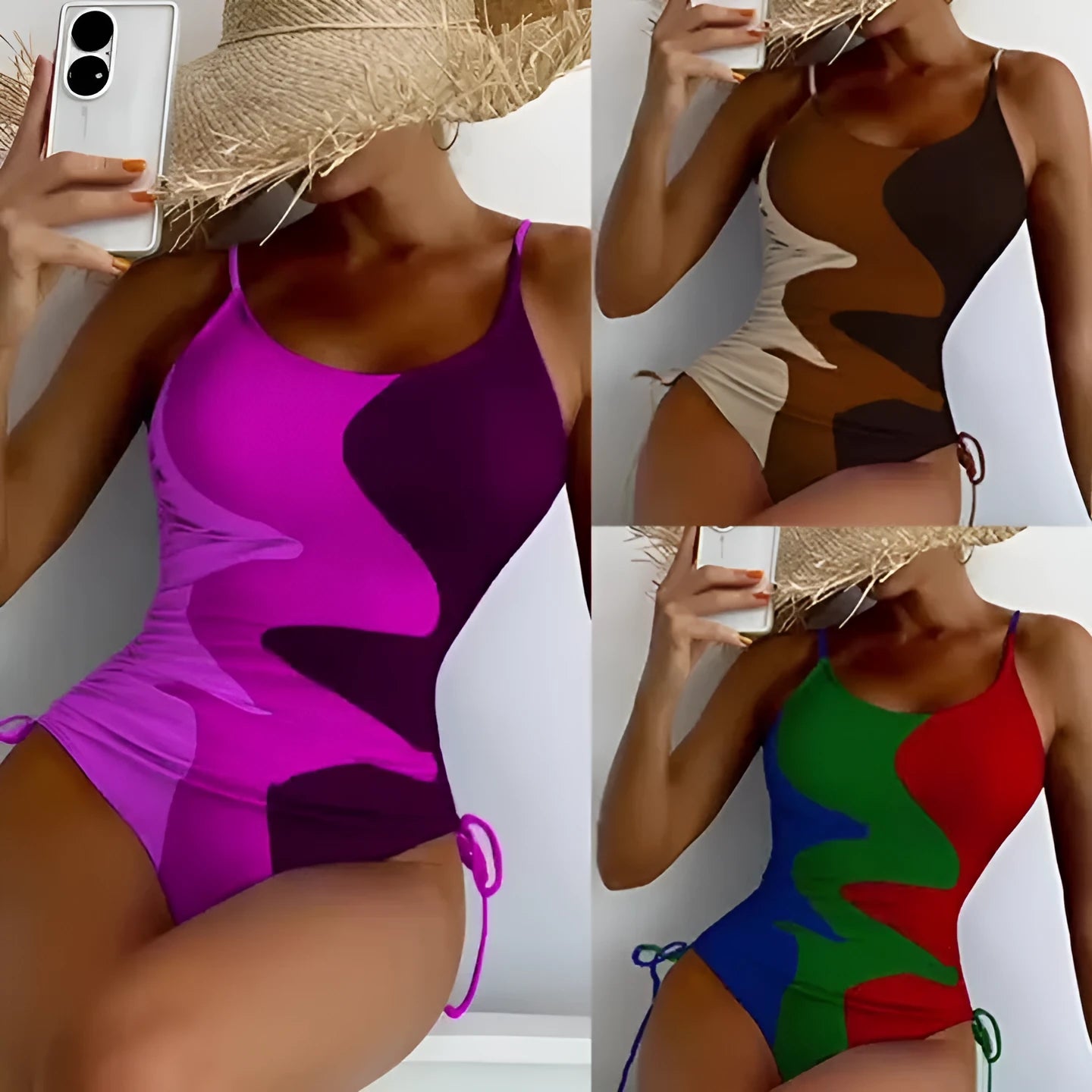 Women's blue sleeveless one-piece swimsuit with fixed trunks on a mannequin.