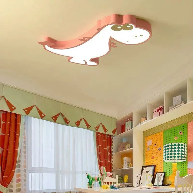Children's ceiling light with cartoon dinosaur shade and dimmable green or pink light