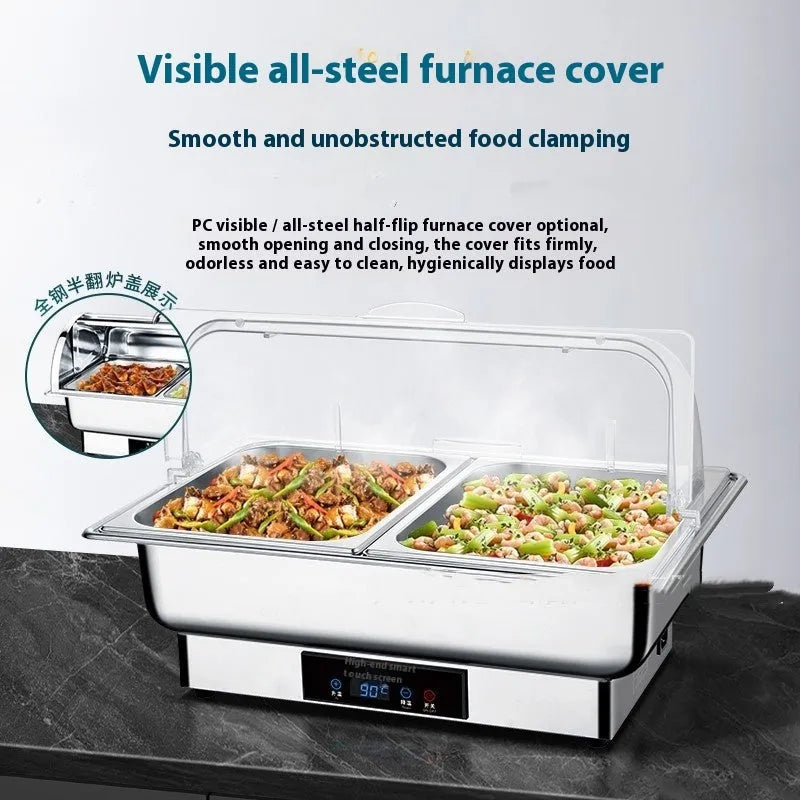 Stainless steel electric buffet stove with transparent flip lid and LCD temperature control display