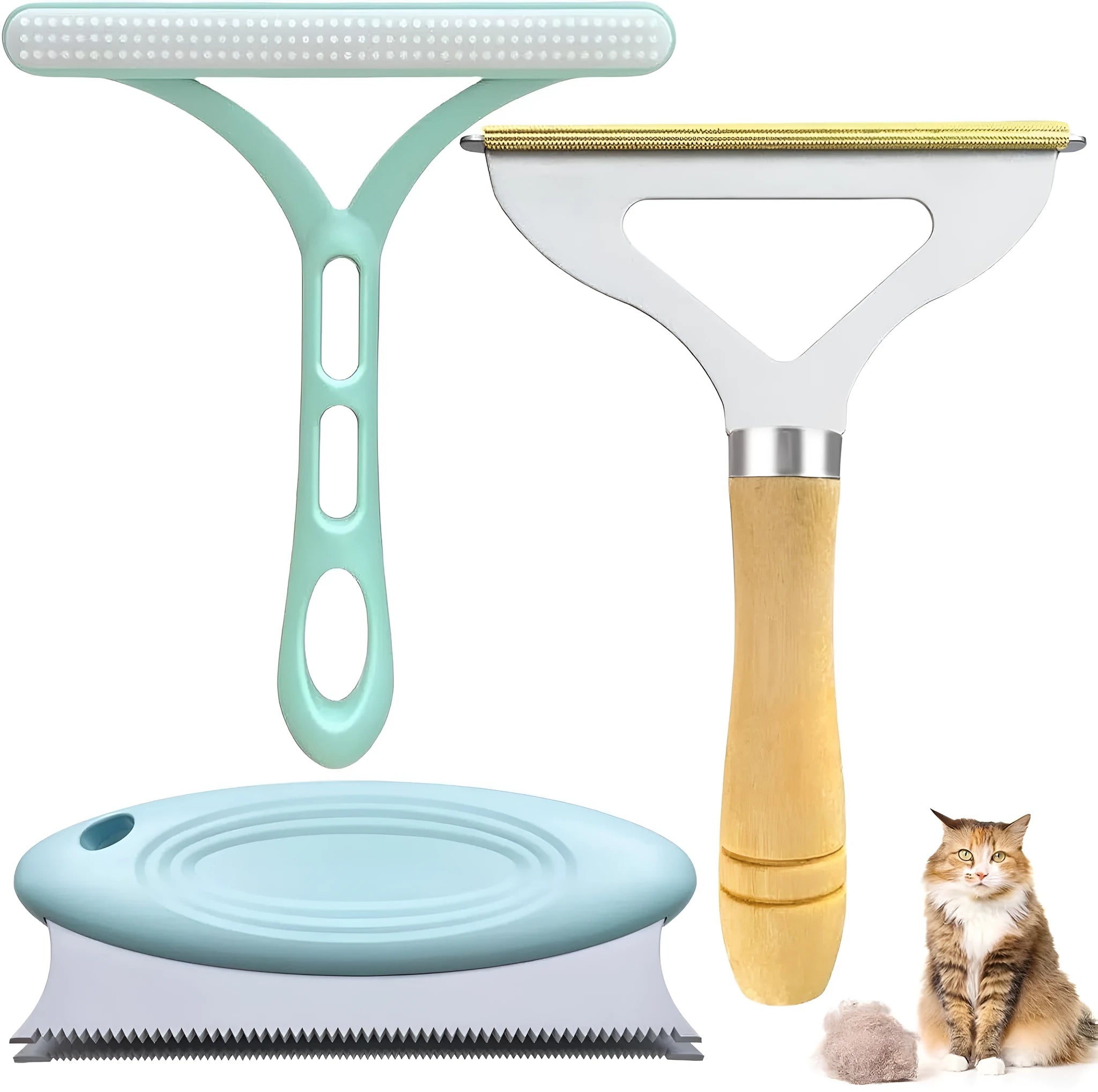 Three-piece pet hair remover set with metal scraper, silicone lint brush and round fuzz remover.