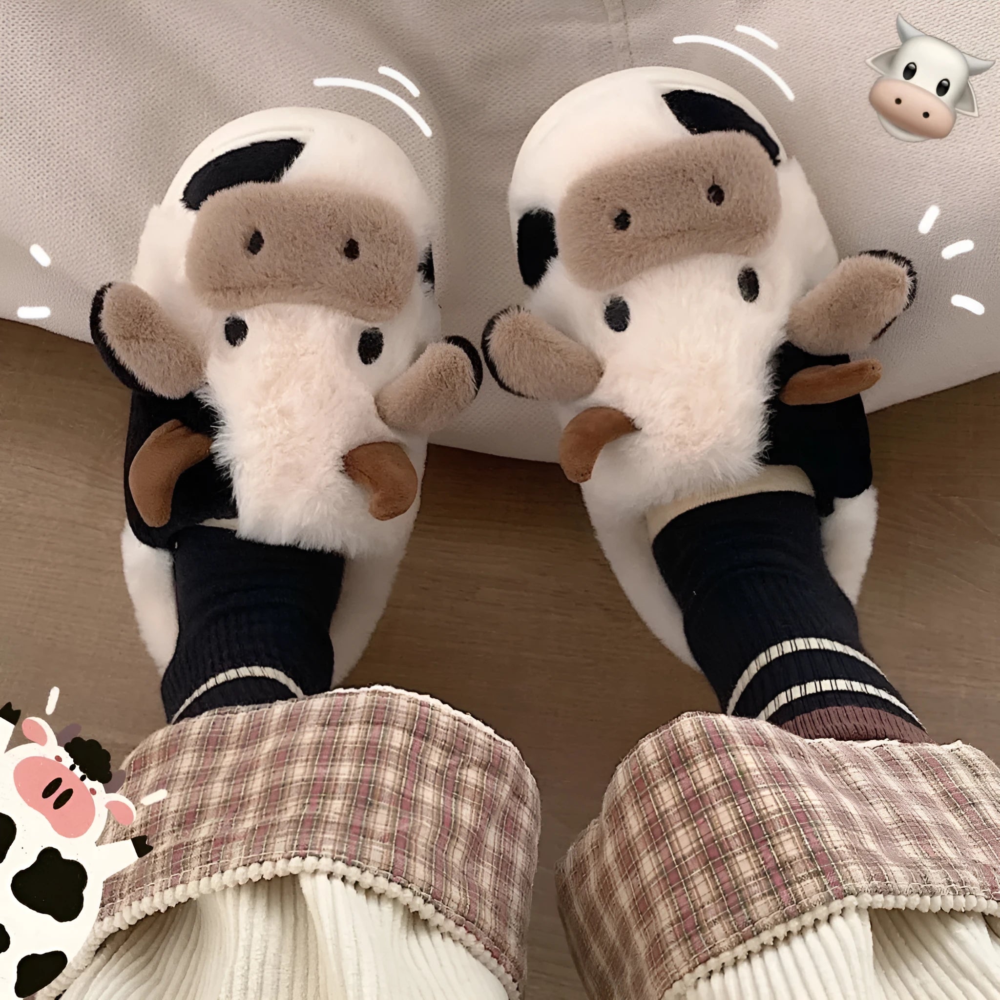 White cow animal slippers with faux fur and anti-slip textured soles
