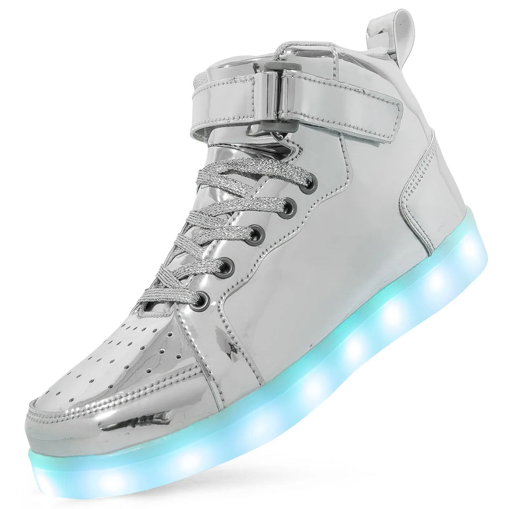 LED high-top board shoes with light-up features and Velcro fastening