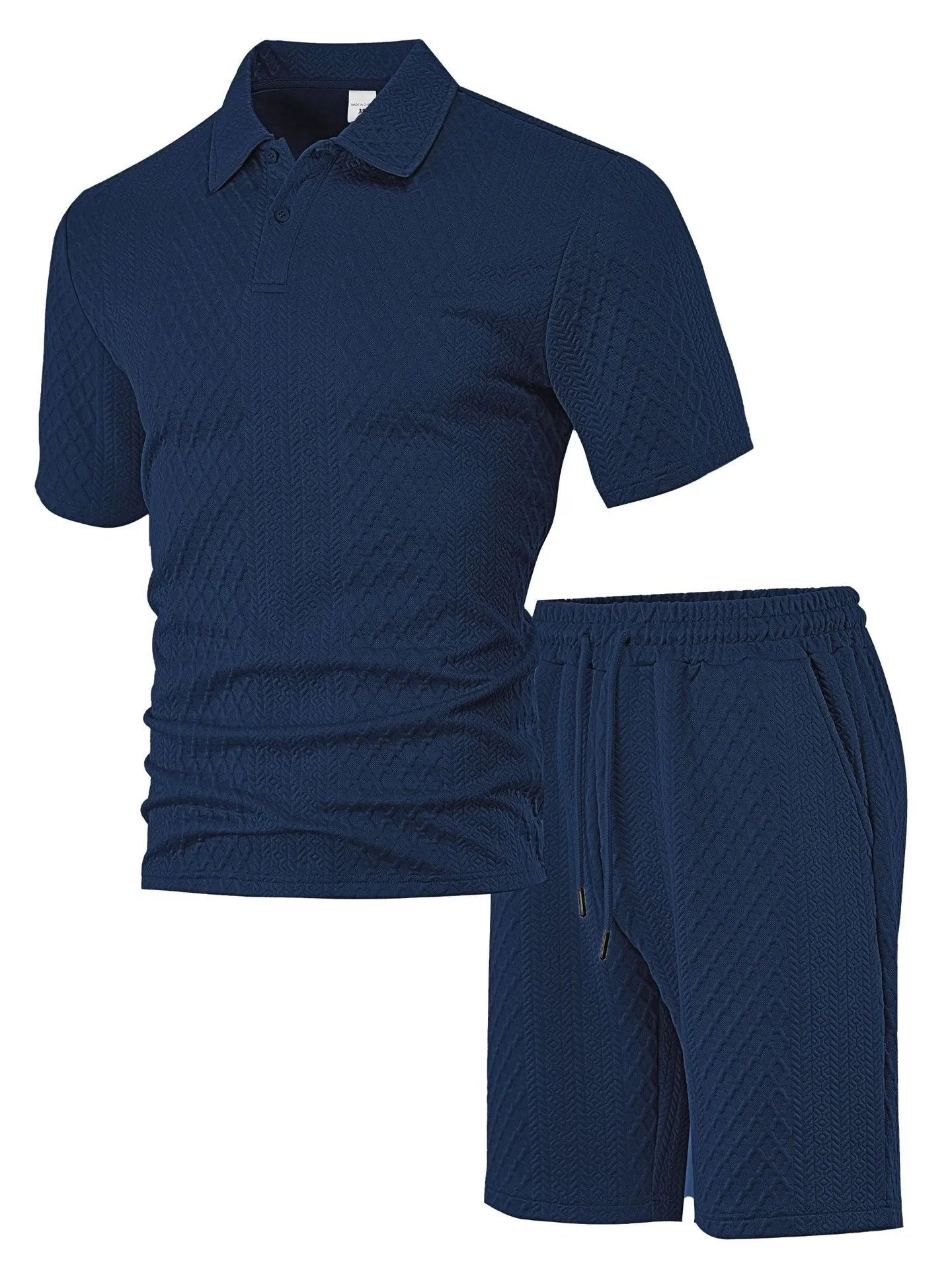 Men's light grey casual short sleeve suit with polo shirt and trousers on a hanger