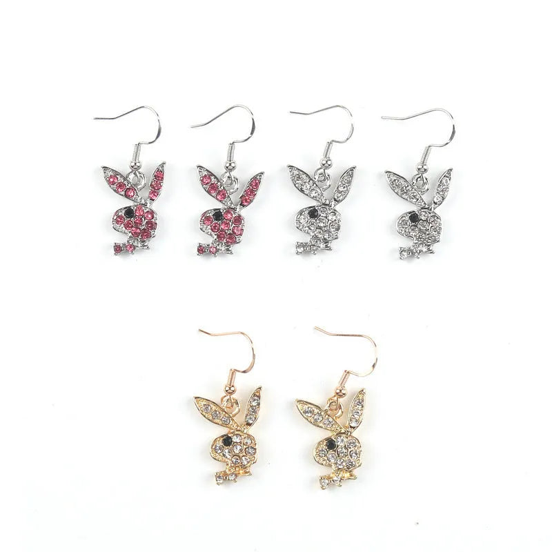 Rabbit stud earrings with full diamond detail in silver, pink, or gold alloy metal