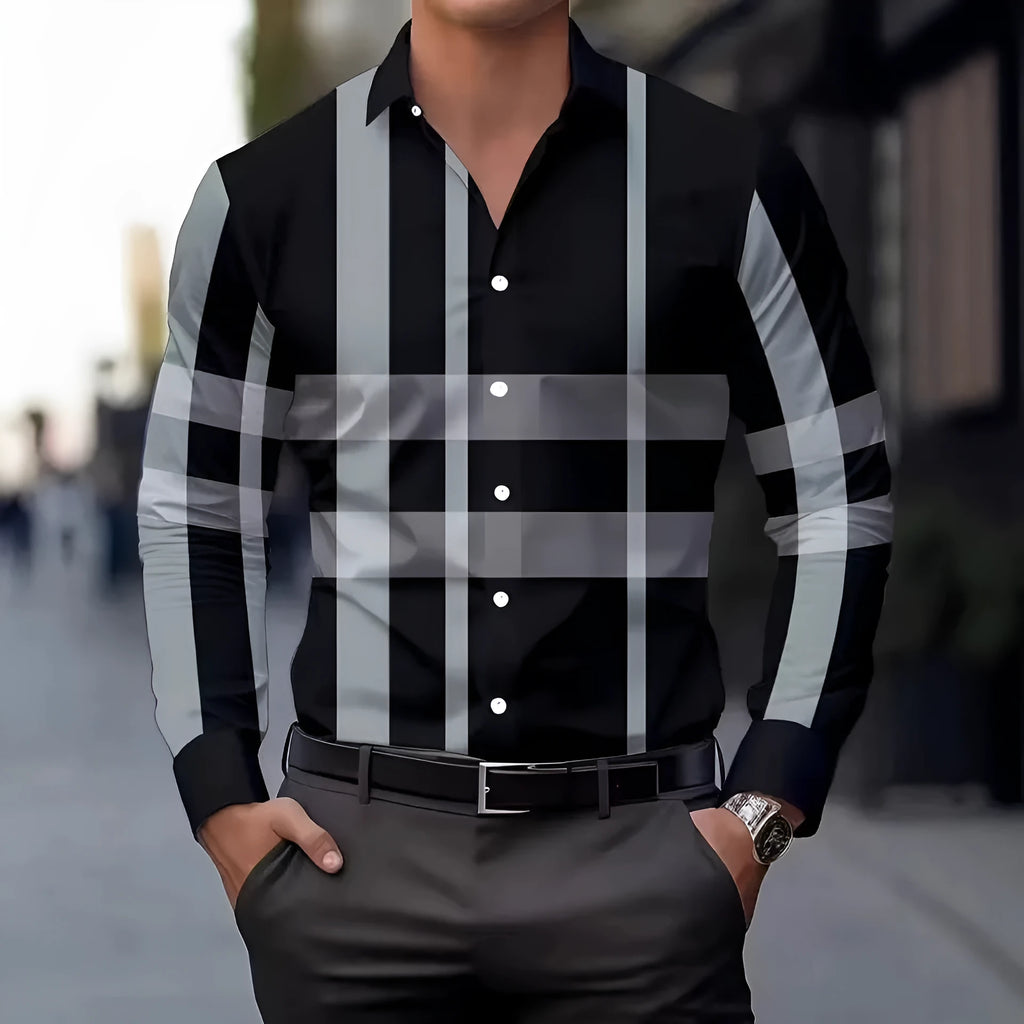 Men's striped long sleeve button lapel shirt in polyester fabric