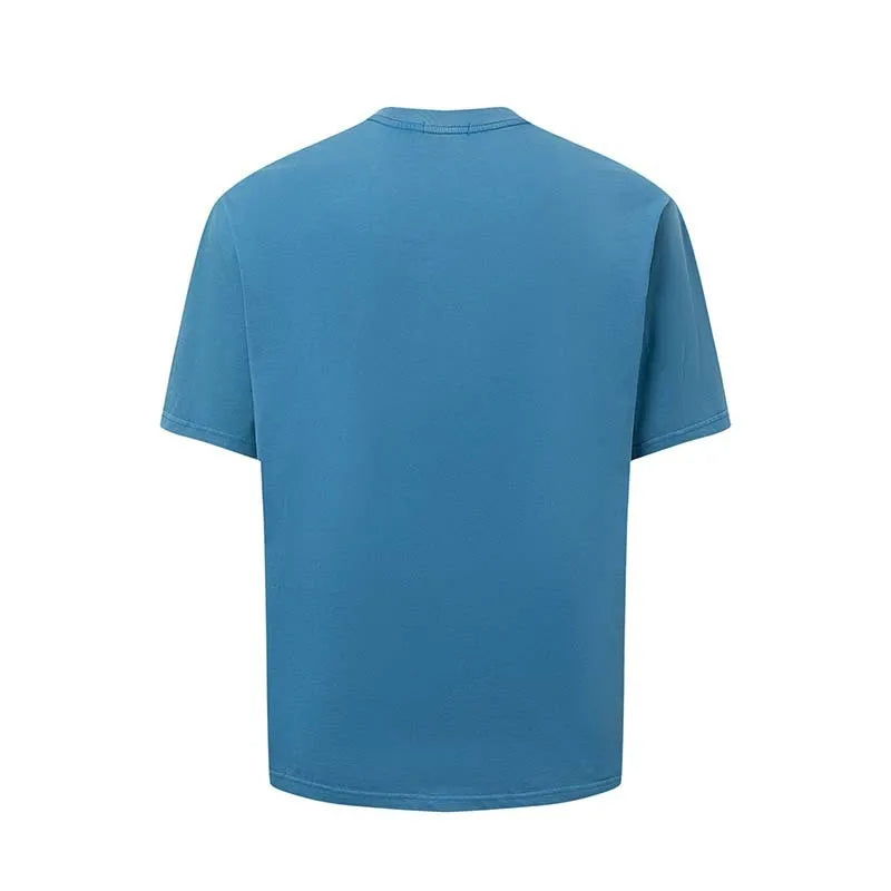 Men's blue American Retro style T-shirt with white letter print design