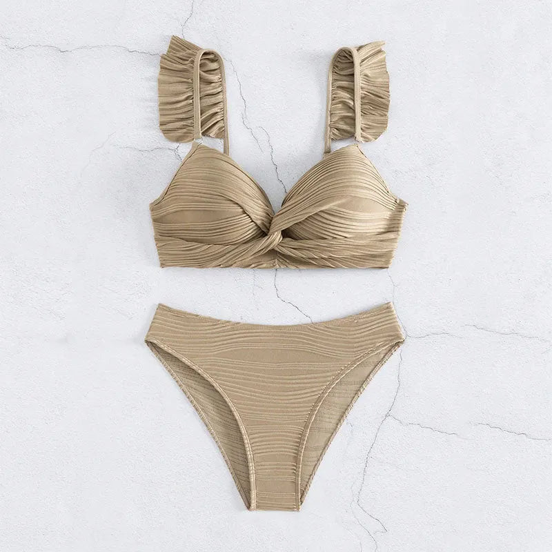 Solid colour women's bikini swimsuit in black or khaki with polyester construction