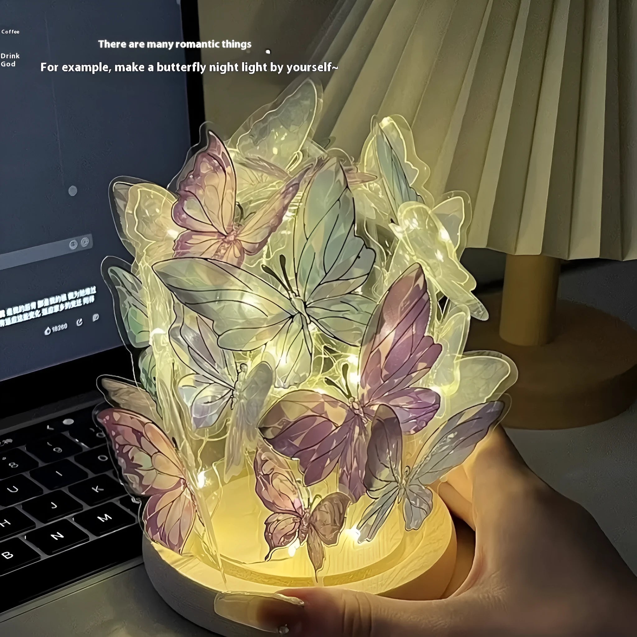 Butterfly night lamp DIY material package with glass lampshade and raw wood base measuring 12x15 cm