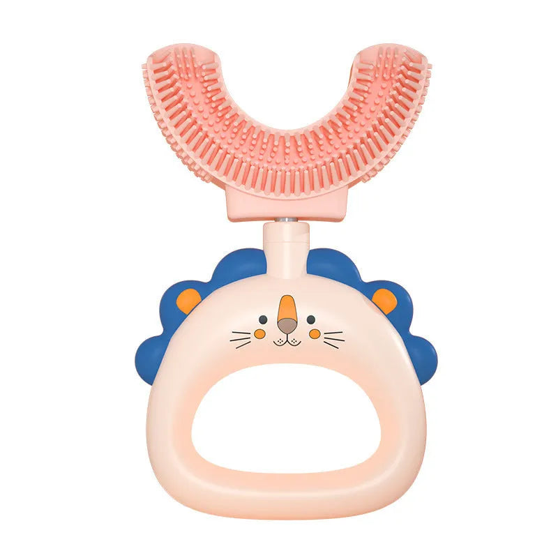Children's U-shaped silicone toothbrush with little cute lion design in blue and pink for ages 2-6 and 7-14