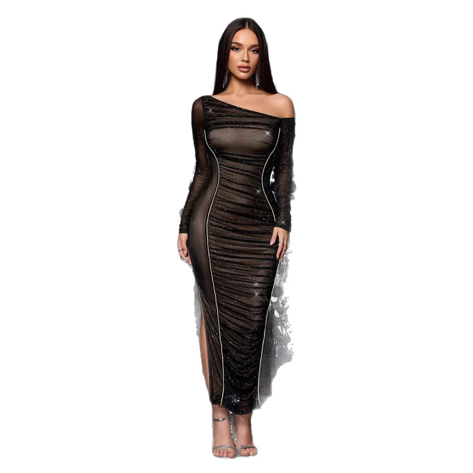 Black polyester mesh long sleeve oblique shoulder drape dress with grid pattern, slim fit for evening social events
