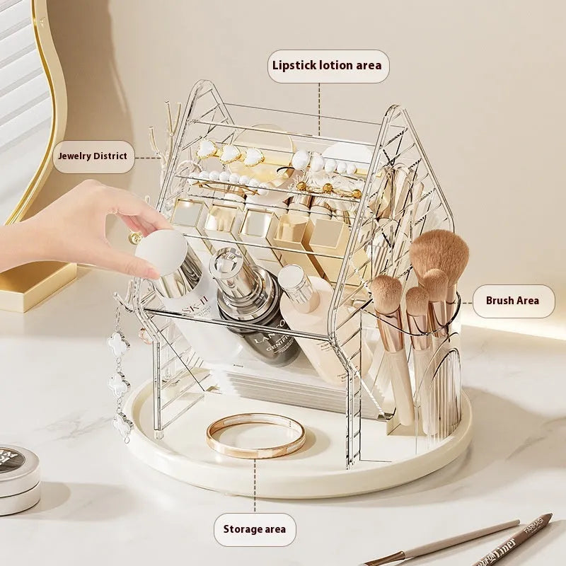 Rotating cosmetics storage box in clear or amber gold with 360-degree rotation mechanism