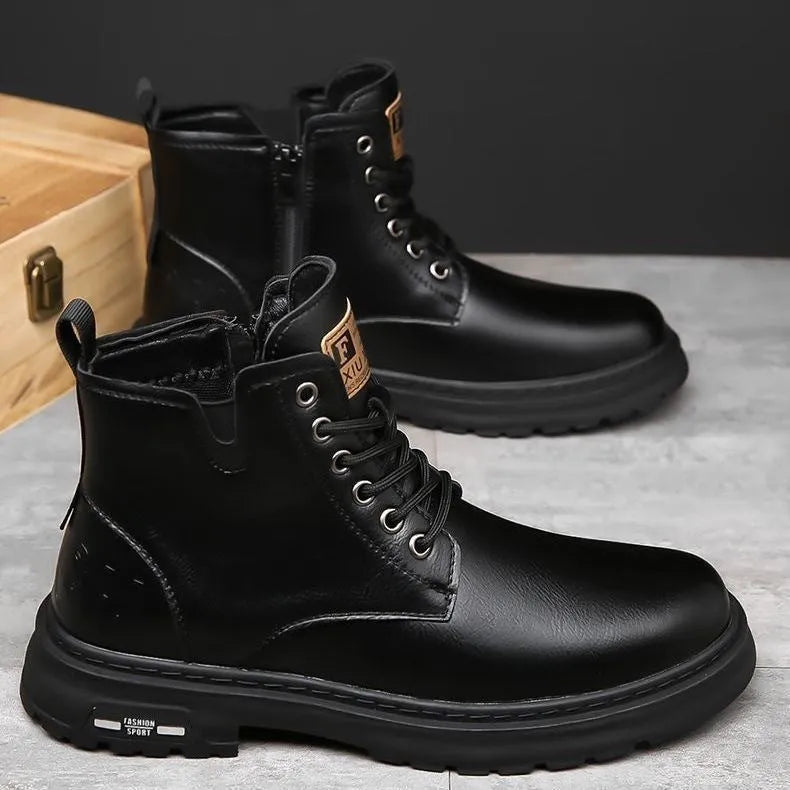 British Martin men's boots with thick rubber sole, front lace-up, round toe, black colour