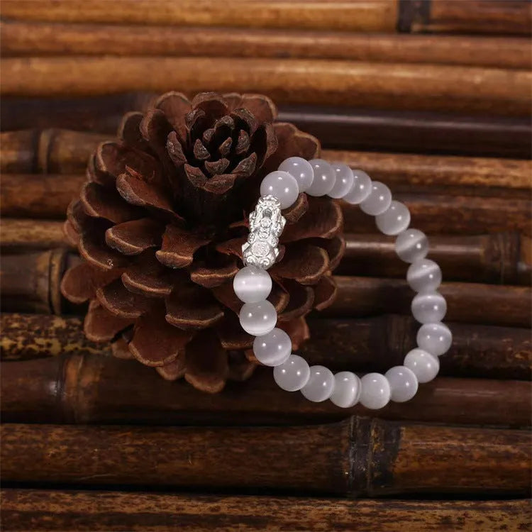 Hand-woven natural crystal stone powder cat eye bracelet in pink, silver metal beads, unisex style