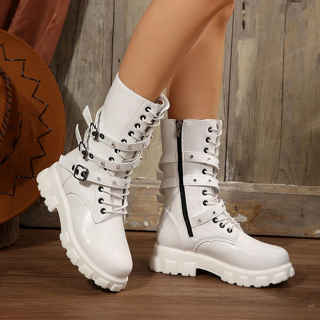 Women's black mid-calf knight boots with metal buckle detailing and side zipper closure