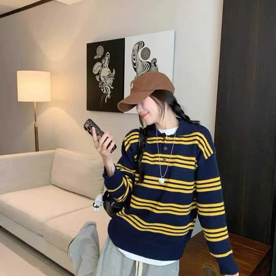 Yellow striped loose sweater for women with long sleeves, pullover design, polyester fabric