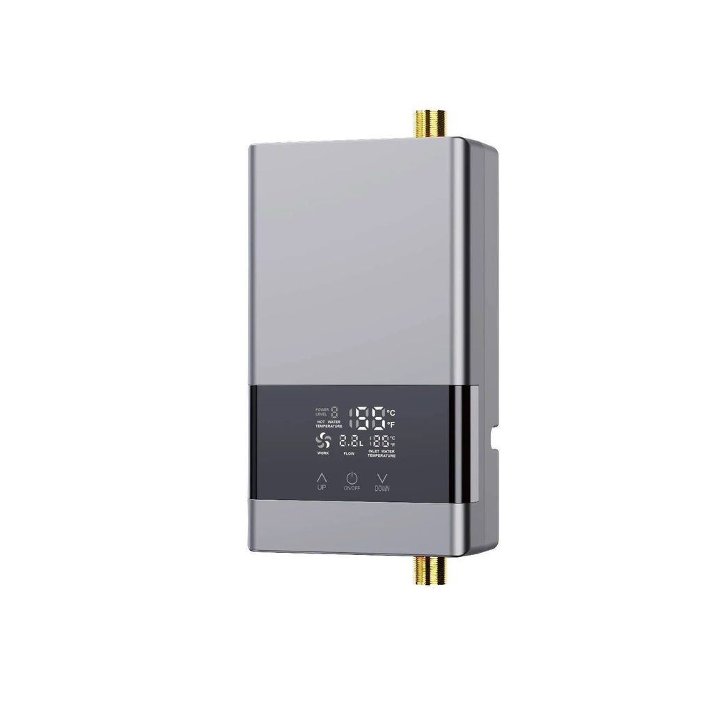 Quick-heating water heater unit with LED touch screen display in silver finish