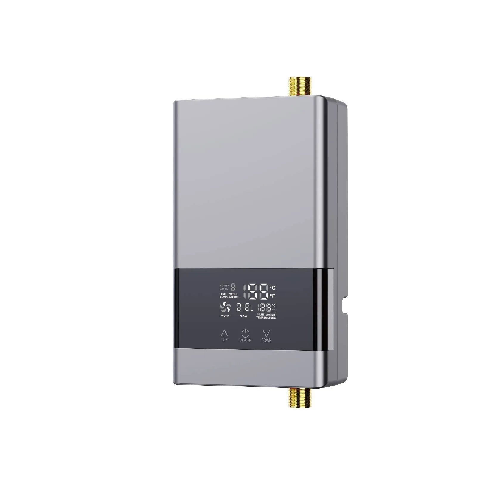 Quick-heating water heater unit with LED touch screen display in silver finish