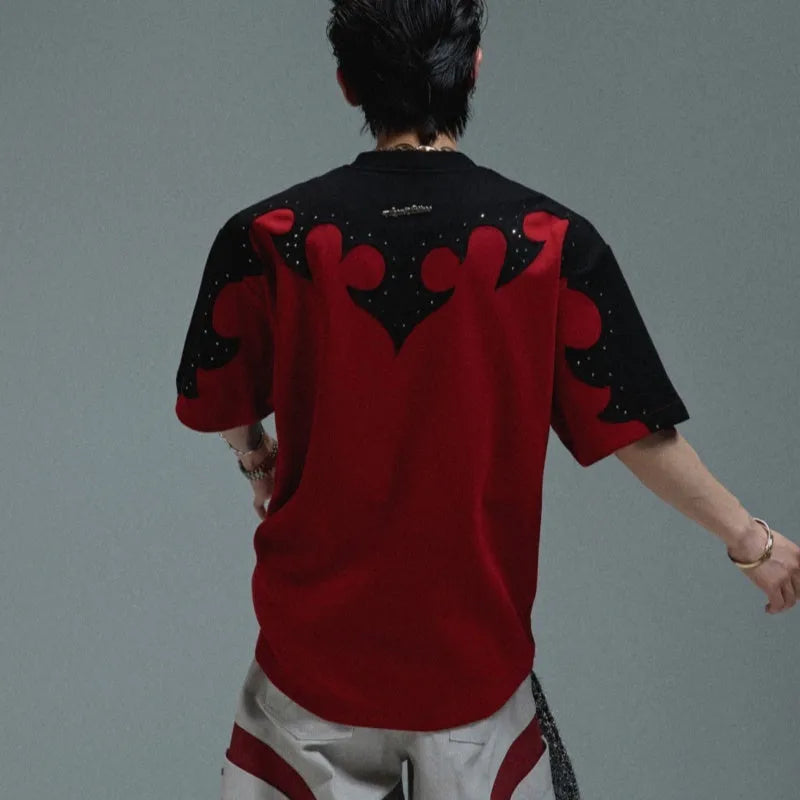 Men's burnt flower rhinestone stitch cotton shirt with drop-shoulder sleeves in red, white, and grey colours