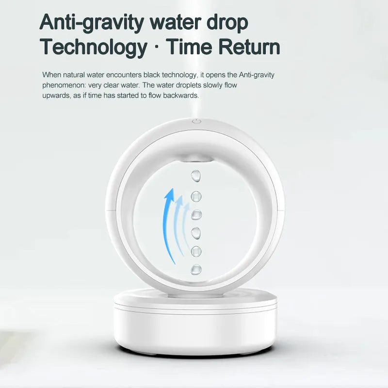 White round anti-gravity air humidifier with levitating water droplets on a desk, USB powered