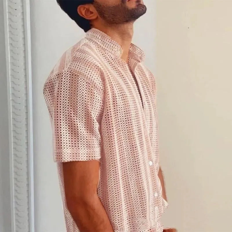 Pink men's loose-fit waffle texture cardigan shirt with short sleeves on a hanger