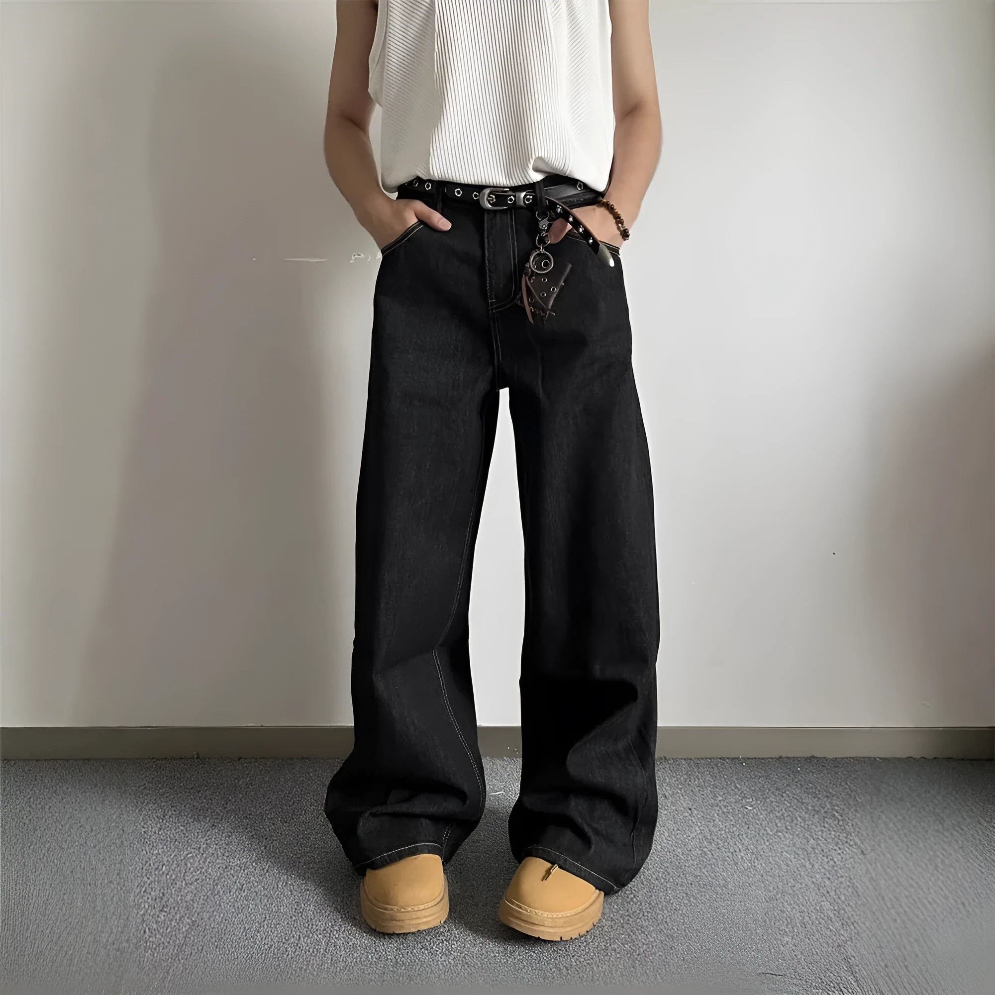 Black loose wide-leg retro denim jeans with straight-leg styling and mid-waist construction