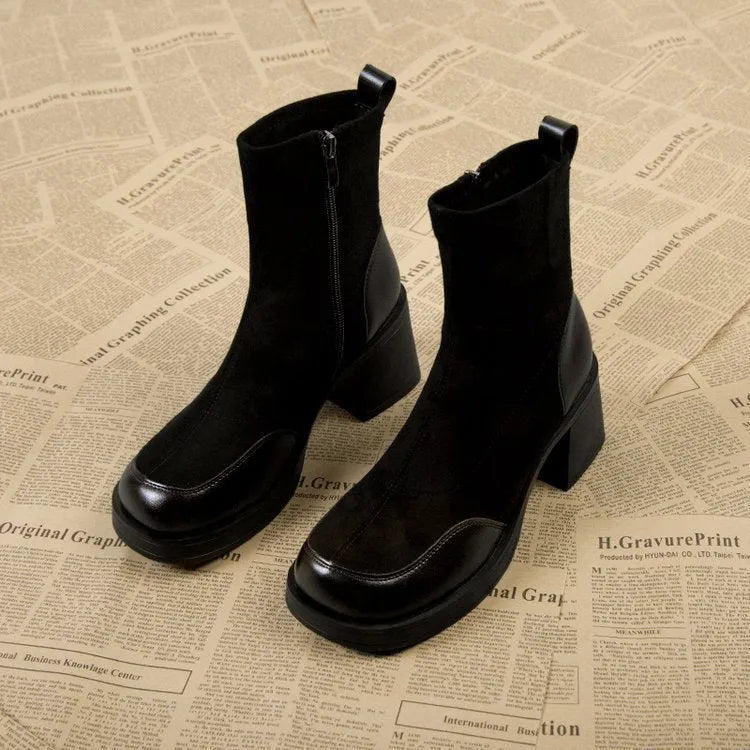 Black women's chunky heel martin boots with thick rubber sole and lace-up design