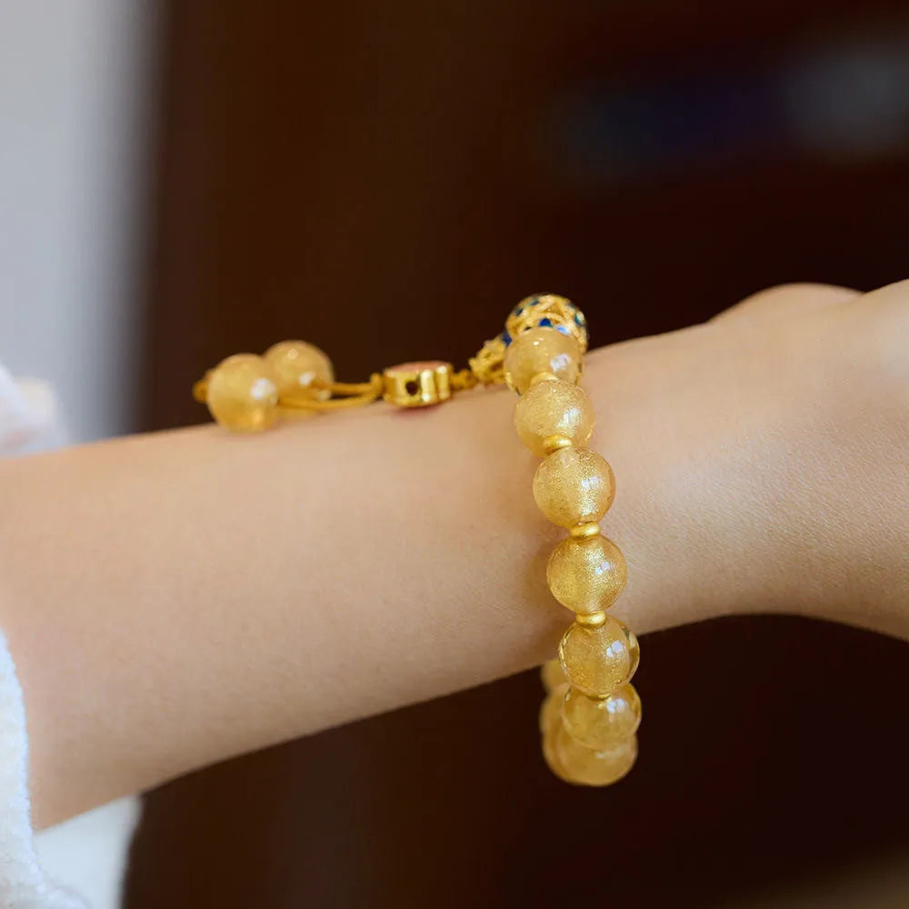 Natural stone beaded mixed stitching bracelet with 10mm gold foil and pink agate beads, flower style